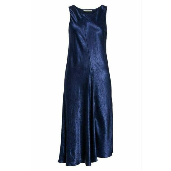 VINCE Asymmetrical Crinkled Satin Sleeveless Midi Dress In Ink Blue A Line Sz. L - Picture 2 of 11